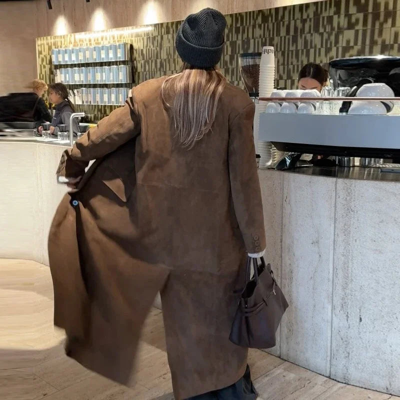 Long Long Sleeve Turn-down Collar Double Breasted Female Coat Autumn Lady Jacket New