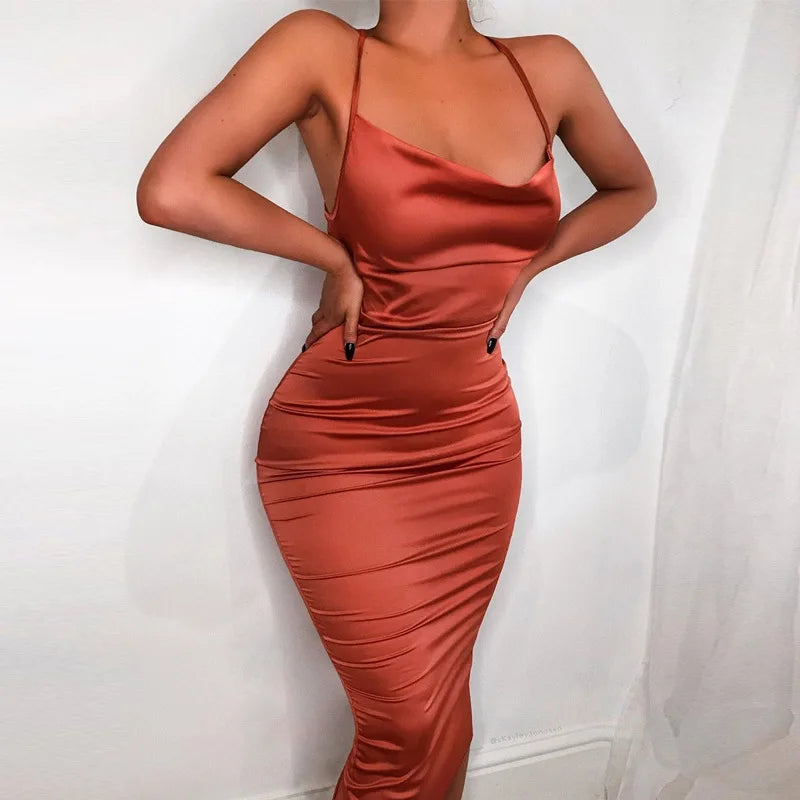 Neon Satin Lace Up Backless Midi Dress