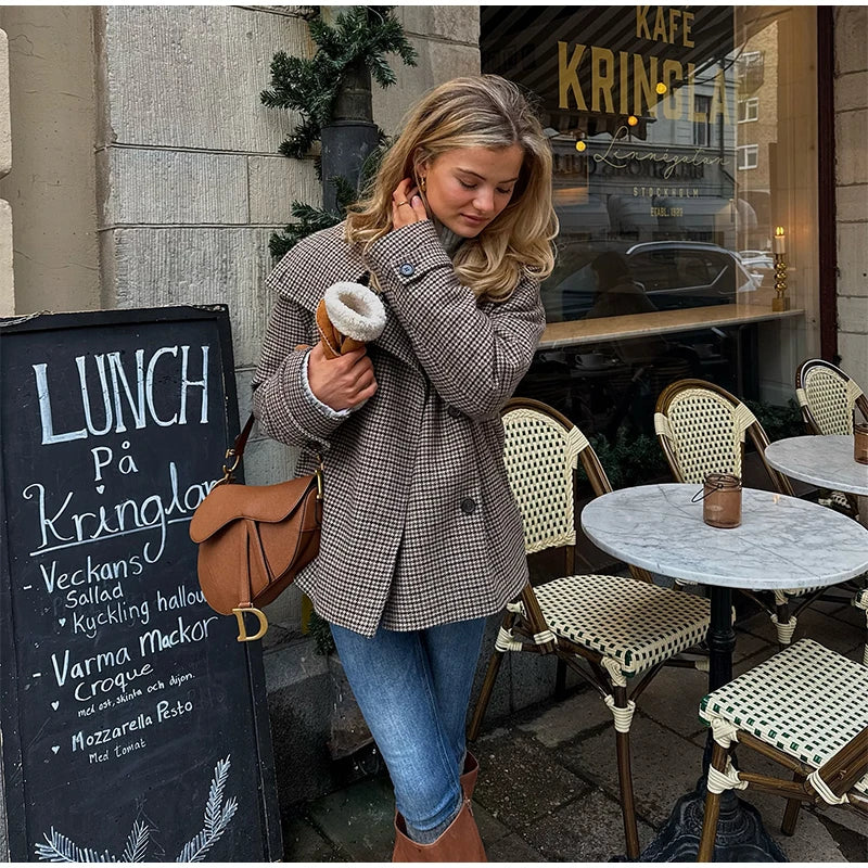 Plaid Double Breasted Street Coat Drop-shoulder Long Sleeve Stand Collar Loose Pocket Jacket Autumn Outwear