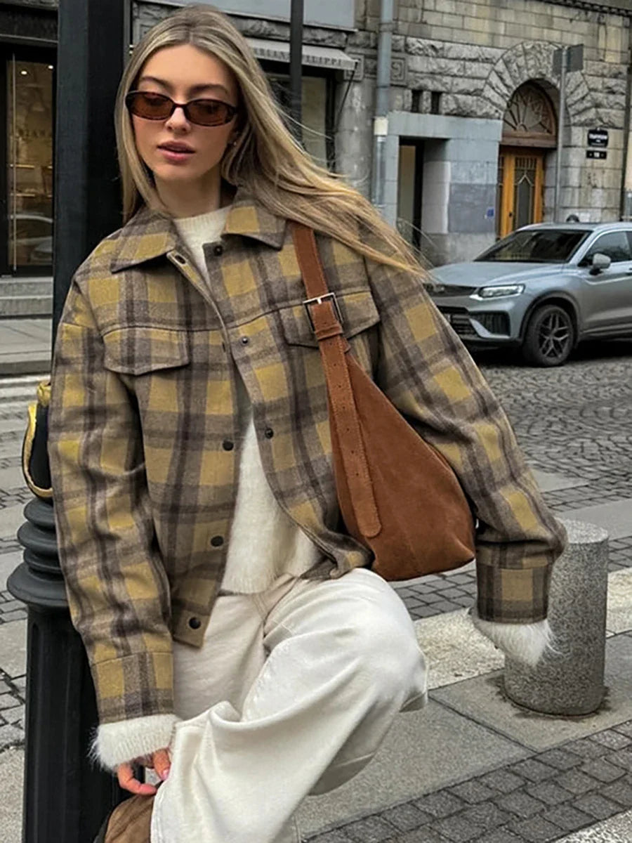 New Plaid Contrast Jacket Autumn Winter Single Breasted Long Sleeve Outerwear Female Coat