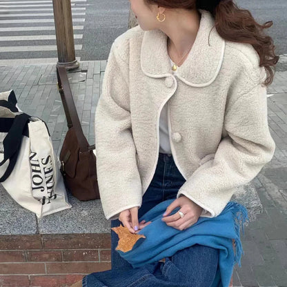 Winter Sweet Plush Coat Lamb Fur Jacket Peter Pan Collar Single Breasted Short Outerwears