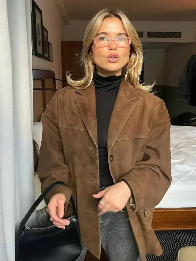Woman Brown Lapel With Pocket Jacket Single Breasted Long Sleeve Short Coat Autumn Lady High Street Outerwear