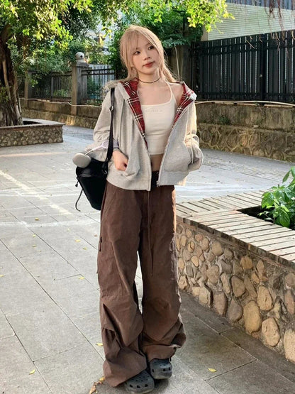 Tavimart - Plaid Patchwork Hoodies Gray 90s Retro Sweatshirt With Zipper Oversized Autumn Winter Clothes
