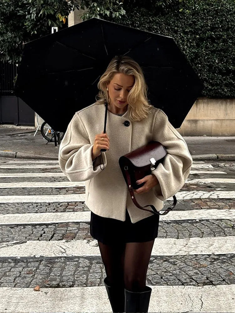 One Button O-neck Woolen Coats for Long Sleeve Cropped Oversized Jackets Lady High Street Outerwear New