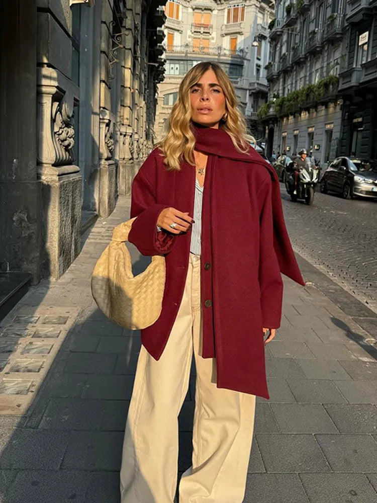 Causal Burgundy Autumn Full Sleeve Woolen Coat With Scarf Single Breasted Jacket Female New Office Wear