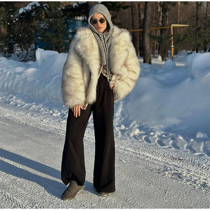 Furffy Thicken Jackets Faux Fur Loose Lapel Long Sleeves Warm Coats Female Winter Soft Outwears Lady