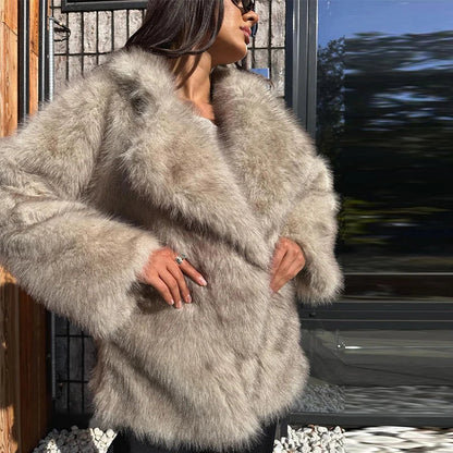 Furffy Thicken Jackets Faux Fur Loose Lapel Long Sleeves Warm Coats Female Winter Soft Outwears Lady