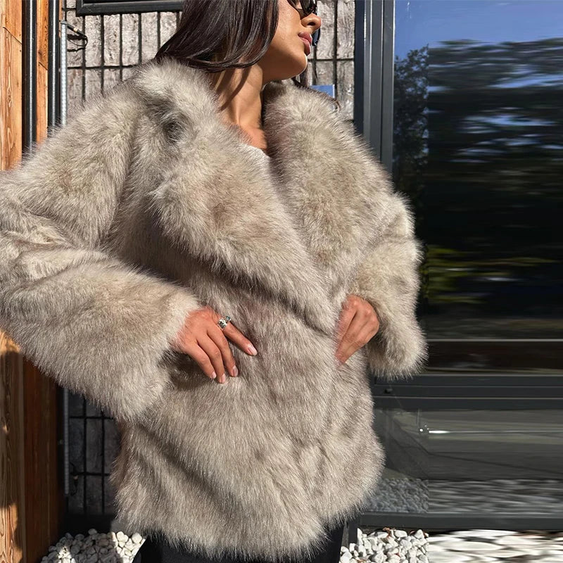 Furffy Thicken Jackets Faux Fur Loose Lapel Long Sleeves Warm Coats Female Winter Soft Outwears Lady