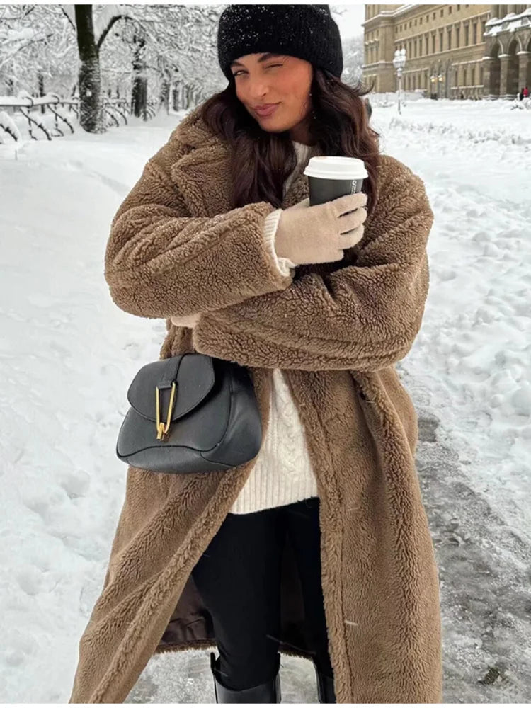 Thicken Warm Outwear Furry Double Breasted Loose Turn-down Collar Long Coat Female Winter Jackets