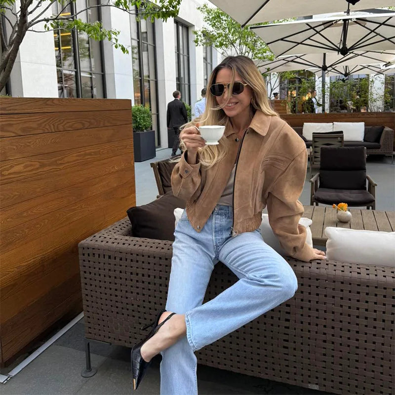 Camel Cropped Suede Jacket Lapel Full Sleeve Pocket Zipper Short Coat New Causal Autumn Lady Daily