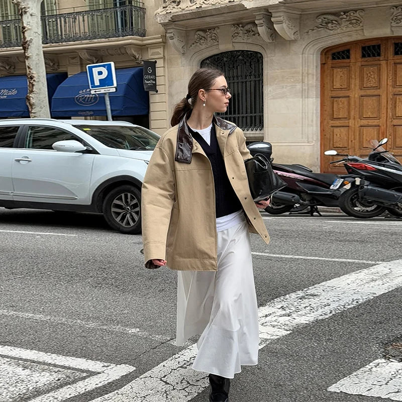 Leather Collar Cargo Jacket Button Down Plaid Pattern Patchwork Jackets Contrast Color Trench Coat Loose Outwear