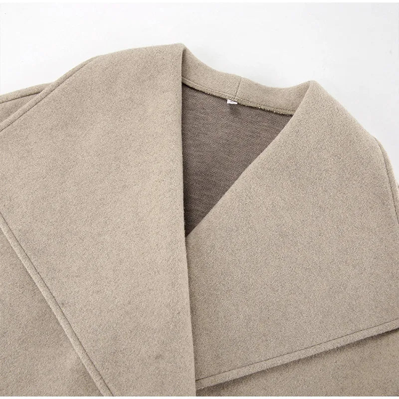 Tavimart - Large Lapel Collar Short Coats Retro Double-breasted Pocket Coat Female Autumn Loose Street Outwear
