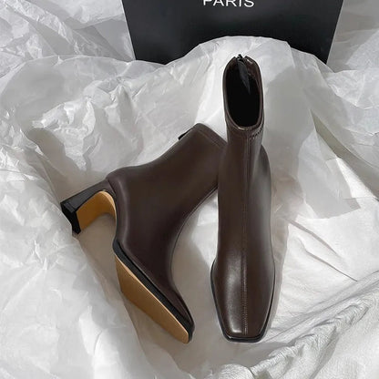 Square Ankle Comfortable Soft Leather High Heel Zipper Ankle Boot