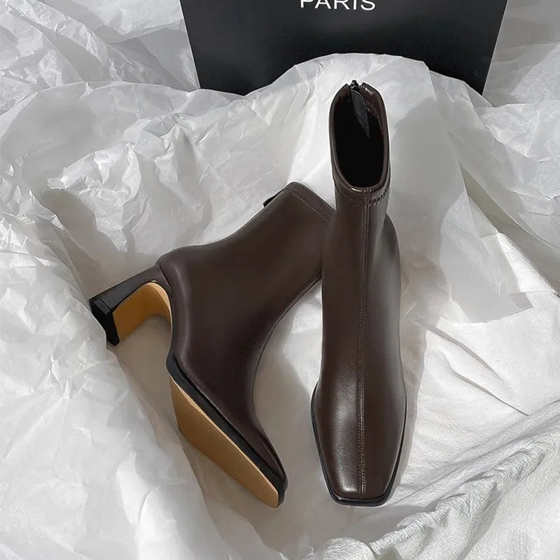 Autumn Winter Leather Square Toe Square Heel Short Ankle Boot