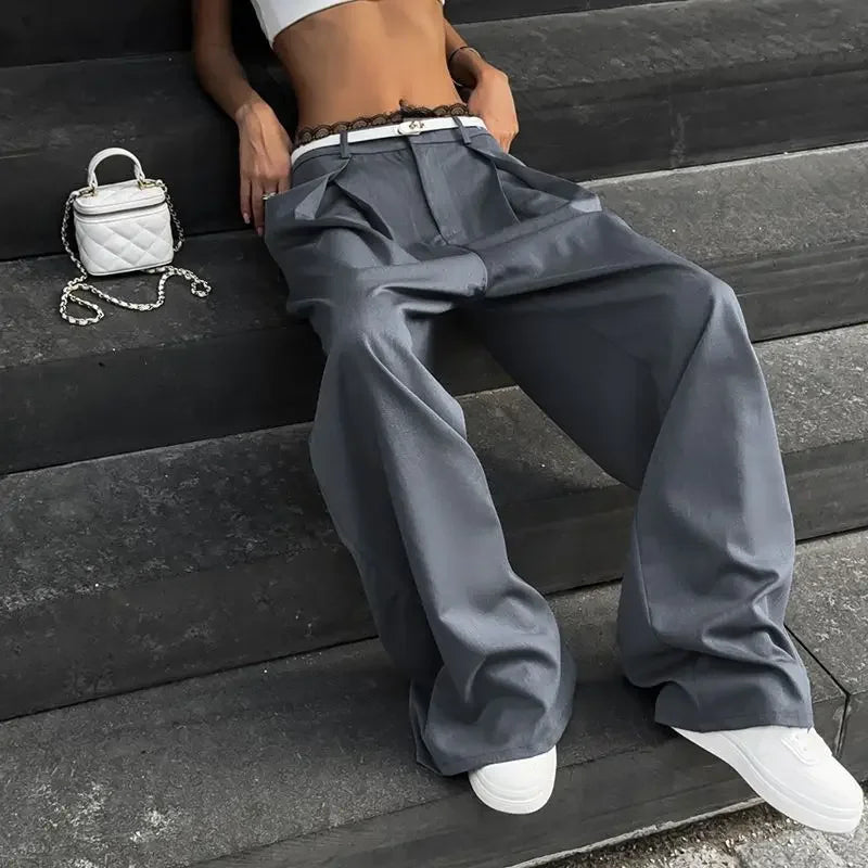 Y2k Lace Patchwork Waist Pants Baggy Korean Office Oversize Trousers Basic Old Money Pantalones
