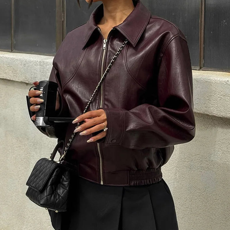 Zipper Leather Jacket for Turn-down Collar Long Sleeve Female Coat New Autumn Outerwears