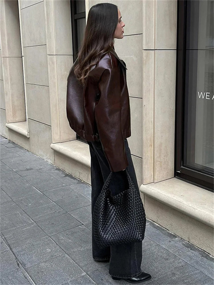 High Street Loose Female Pu Coat Zipper Slim High Waist Long Sleeve Patchwork Clothes Autumn Outwear