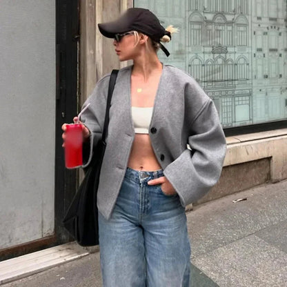 Single Breasted Short Coats Long Sleeves V Neck Crop Jackets Autumn Lady Commuter Outerwear