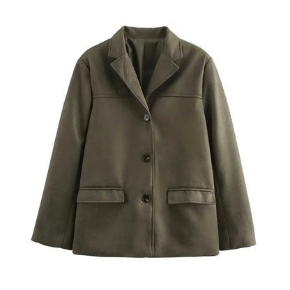 Lapel Pocket Suede Leather Jacket Loose Single Button Oversize Brown Coats Female Street Clothes