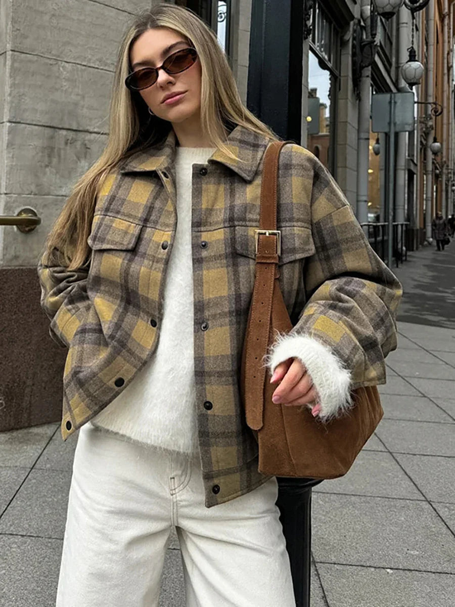 New Plaid Contrast Jacket Autumn Winter Single Breasted Long Sleeve Outerwear Female Coat