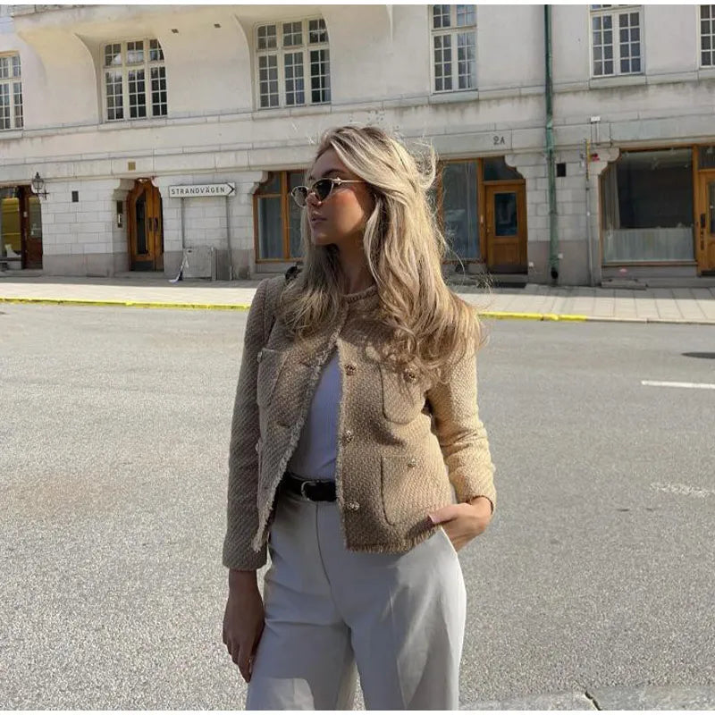 O-neck Pockets Short Coats for Autumn Long Sleeve Single Breasted Tweed Jacket New Cropped Coats Female