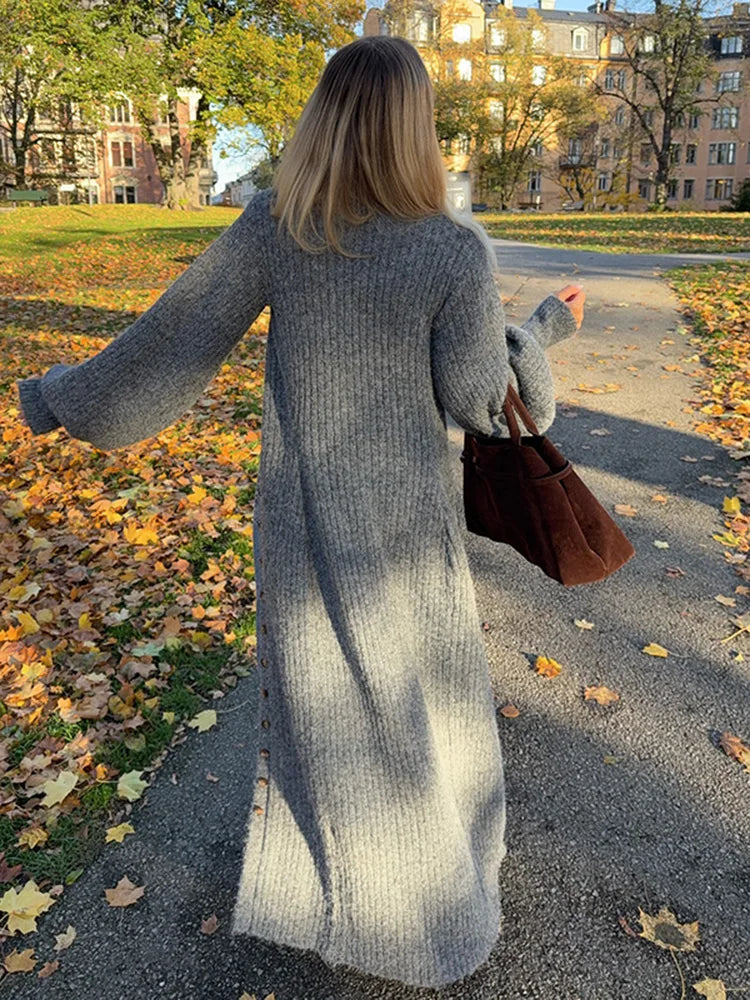 Modest Knitted Long Dress Loose Buttons Sweater Cardigans Fall Commuter Lady Fashionable Woman Wear