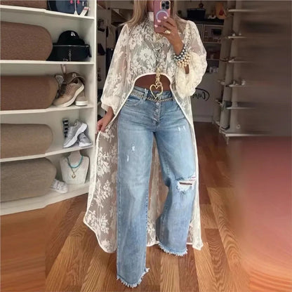 Lace High Neck Puff Sleeve Blouse