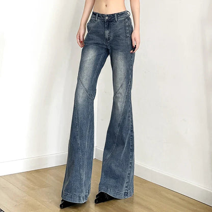 Y2k Low Waisted Washed Flare Jeans Korean Blue Slim Fit Denim Pants Lady Boot Cut Trousers