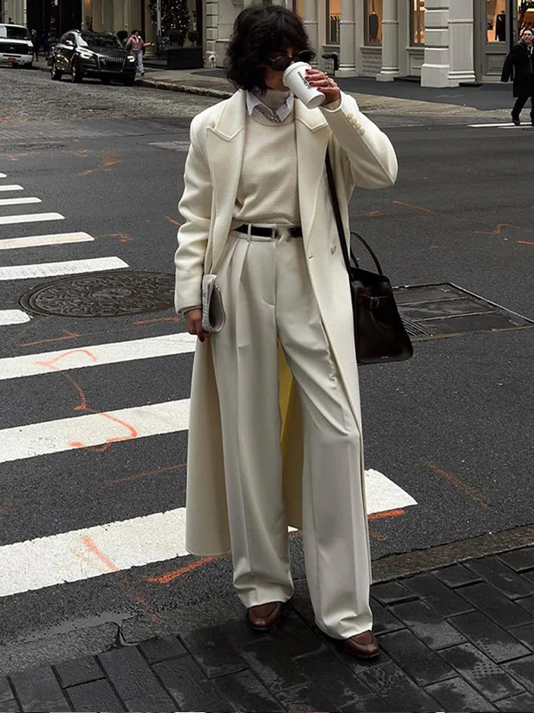 White Double Breasted Loose Woolen Coat Oversized Long Sleeve Overcoat Fall Winter New Outerwear