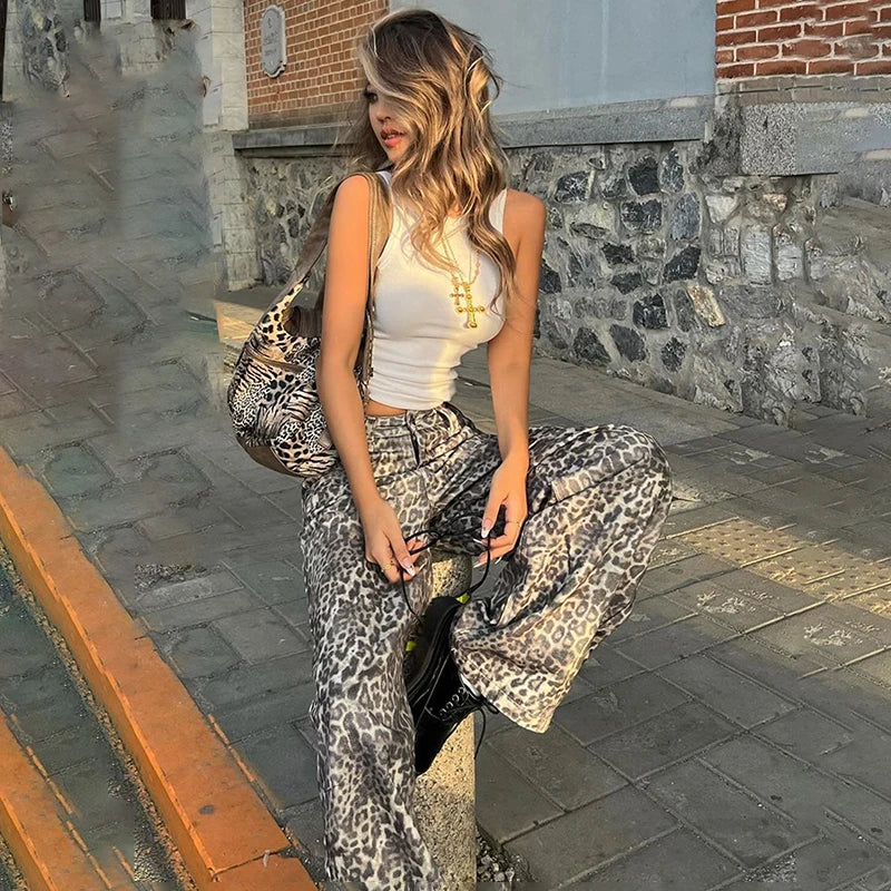 New Leopard Print Retro Straight Long Pants for Loose Slightly Flared Trousers Female Club Party Pants