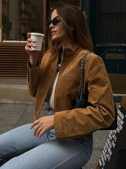 Stand Collar Suede Leather Jacket Coat Zipper Retro Long Sleeved Biker Jackets Loose Front Shoulder Short Outwear