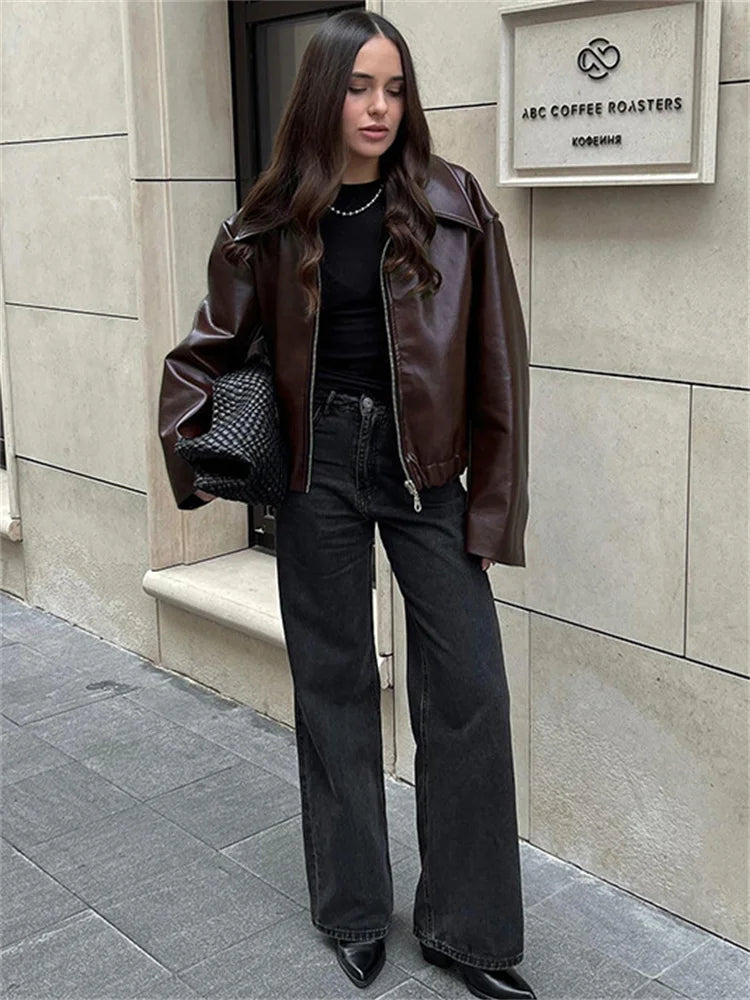 High Street Loose Female Pu Coat Zipper Slim High Waist Long Sleeve Patchwork Clothes Autumn Outwear