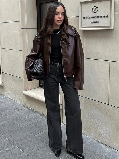 High Street Loose Female Pu Coat Zipper Slim High Waist Long Sleeve Patchwork Clothes Autumn Outwear