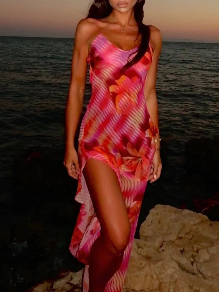 Flower Printed V Neck Beach Midi Dress