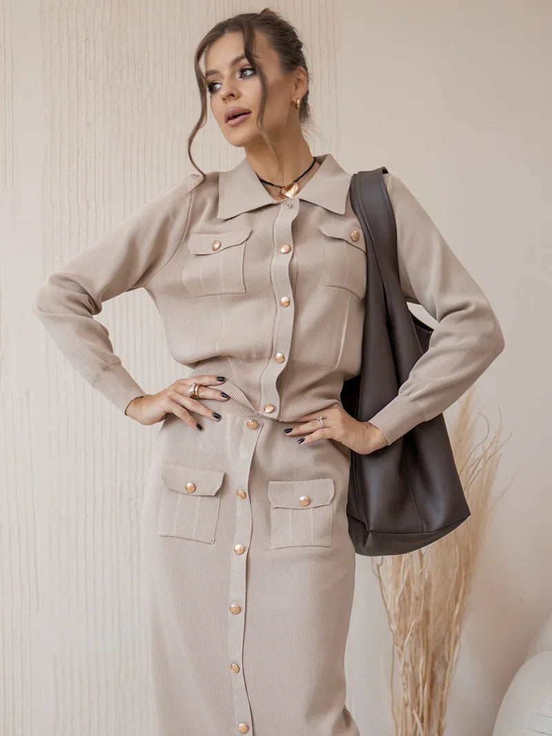 Knitted Slim-fit Two Piece Set - Khaki