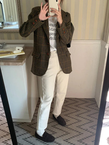 Wool Blends Coats Plaid Woolen Jacket Commute Blazer Korean Long Sleeve Outerwears Winter Overcoat