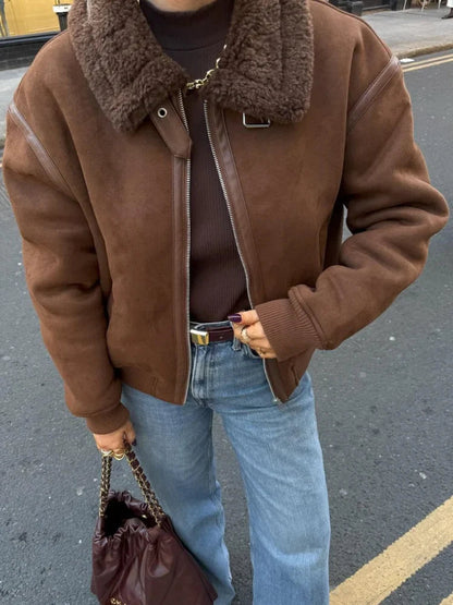 Coffee Lamb Wool Lapel Jackets for Zipper Long Sleeved Thicken Warm Coats New Female Winter