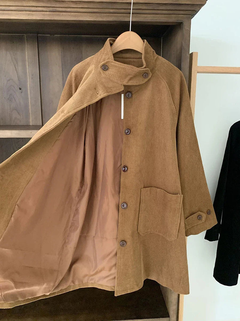 Color Corduroy Trench Coat Autumn Winter Single Breasted Stand Collar Long Outerwear Jacket