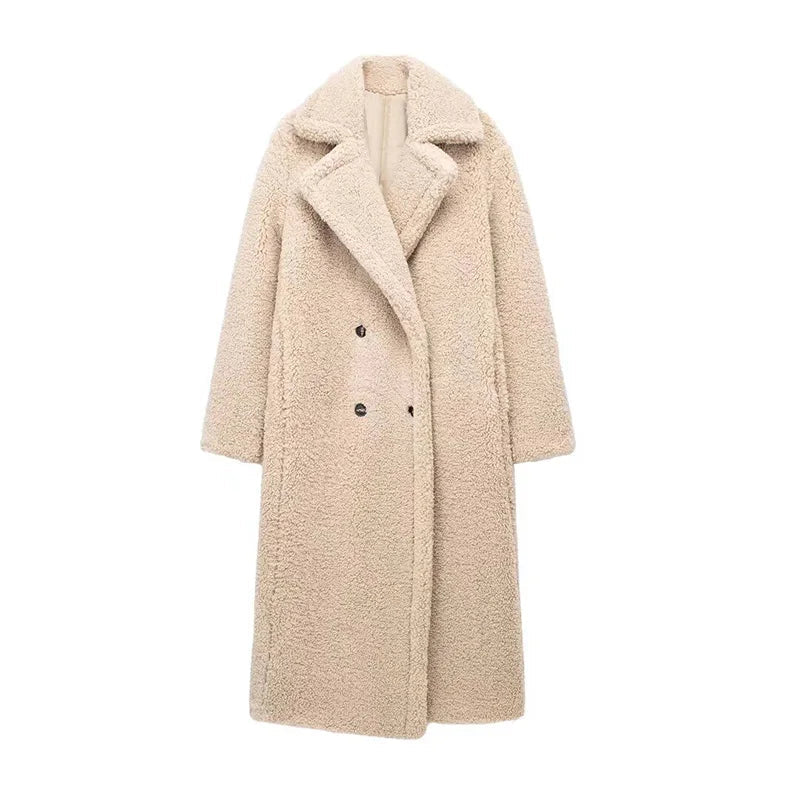Thicken Warm Outwear Furry Double Breasted Loose Turn-down Collar Long Coat Female Winter Jackets