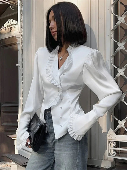 Taivimart - White Ruffled Shirts for Patchwork V-neck Long Sleeve Autumn Female Cardigan Blouses