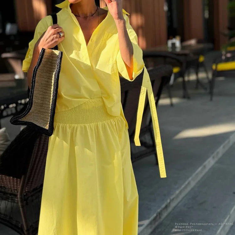 Pocket Blouse Two-piece Set Single Breasted Short Sleeve Blouse+elastic Waist Long Skirts Skirts Sets