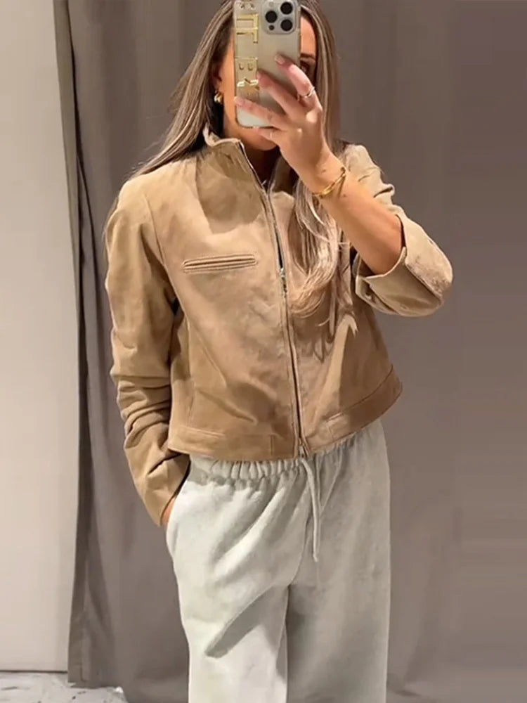 Stand Collar Suede Leather Jacket Coat Zipper Retro Long Sleeved Biker Jackets Loose Front Shoulder Short Outwear