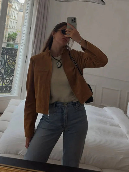 Stand Collar Suede Leather Jacket Coat Zipper Retro Long Sleeved Biker Jackets Loose Front Shoulder Short Outwear