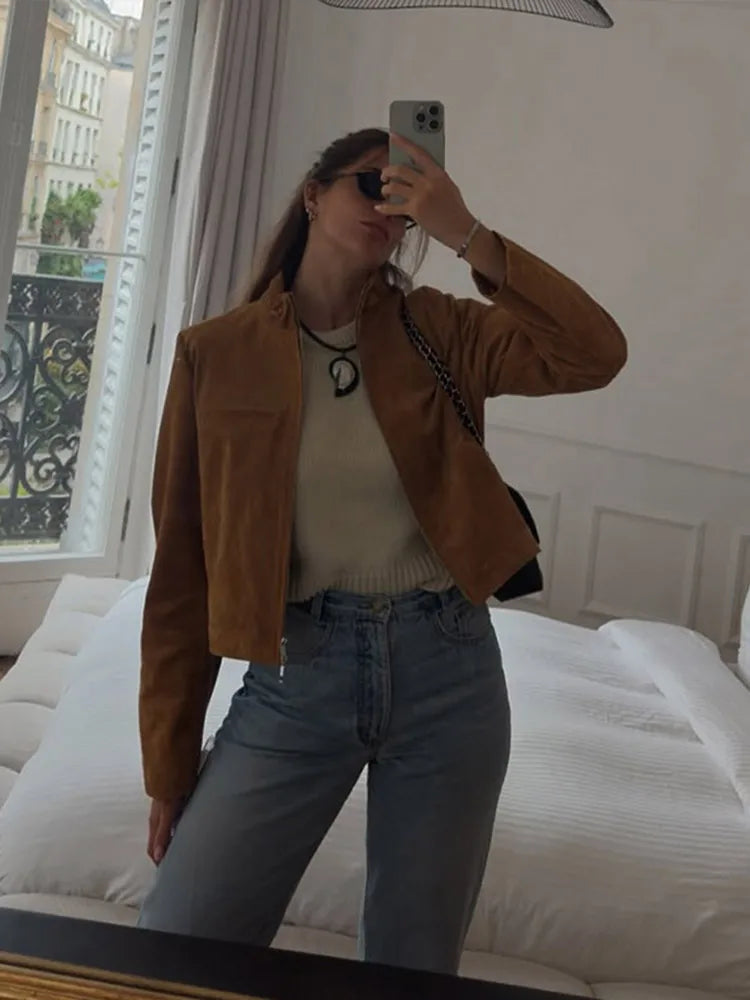 Stand Collar Suede Leather Jacket Coat Zipper Retro Long Sleeved Biker Jackets Loose Front Shoulder Short Outwear