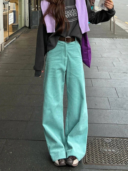 Striped Corduroy Wide Pants Plain High Rise Straight Loose Draped Long Trousers Korean Autumn Clothes