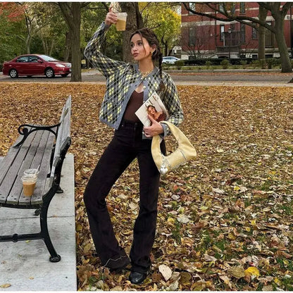 Check Plaid Knitted Cardigans Single Breasted Loose Sweaters Long Sleeve Coats Winter Lady Tops