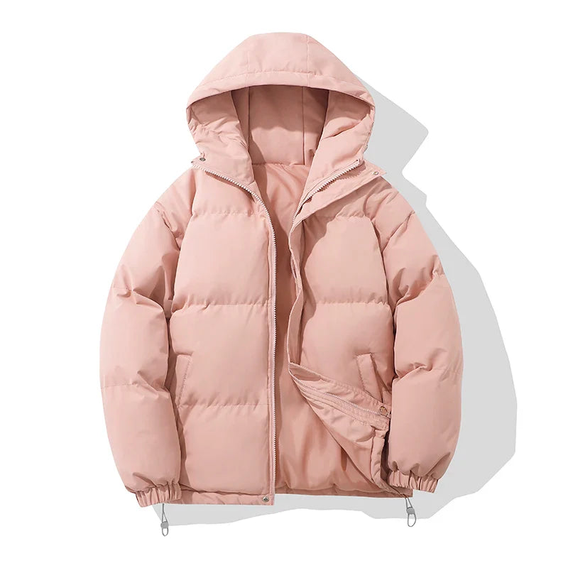Puffer Jacket High Neck Hooded Zipper Design Cotton-padded Coat