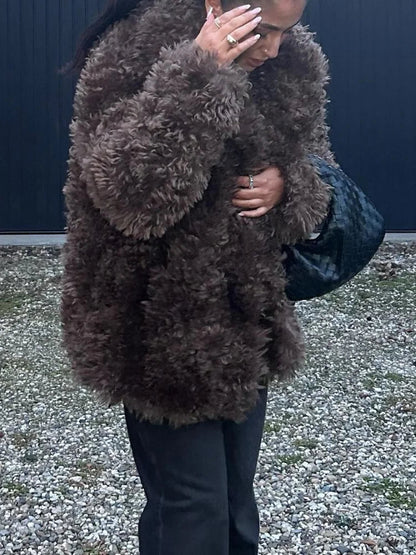 Winter Warm Fluffy Faux Fur Coat New Lapel Long Sleeve Thick Furry Jacket Lady Thermal Outerwear