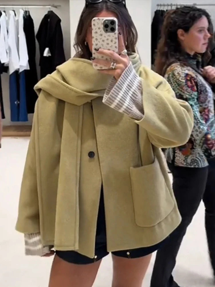 Woolen Scarf Collar Coat Single Breasted Thicken Warm Pocket Loose Jacket Winter Long Sleeve Outwear
