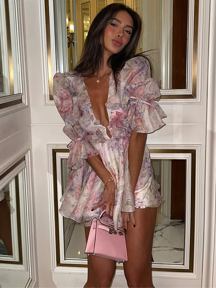 Patchwork Mesh V Neck Mini Dress